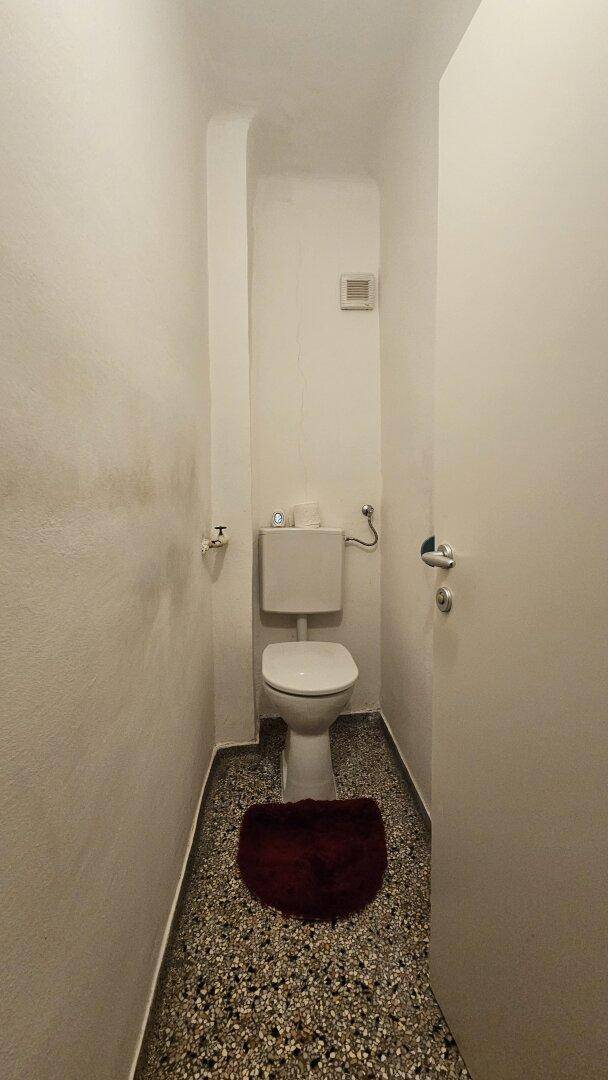 Kleines separates WC mit Toilette, Lüfter und dunklem Fliesenboden.