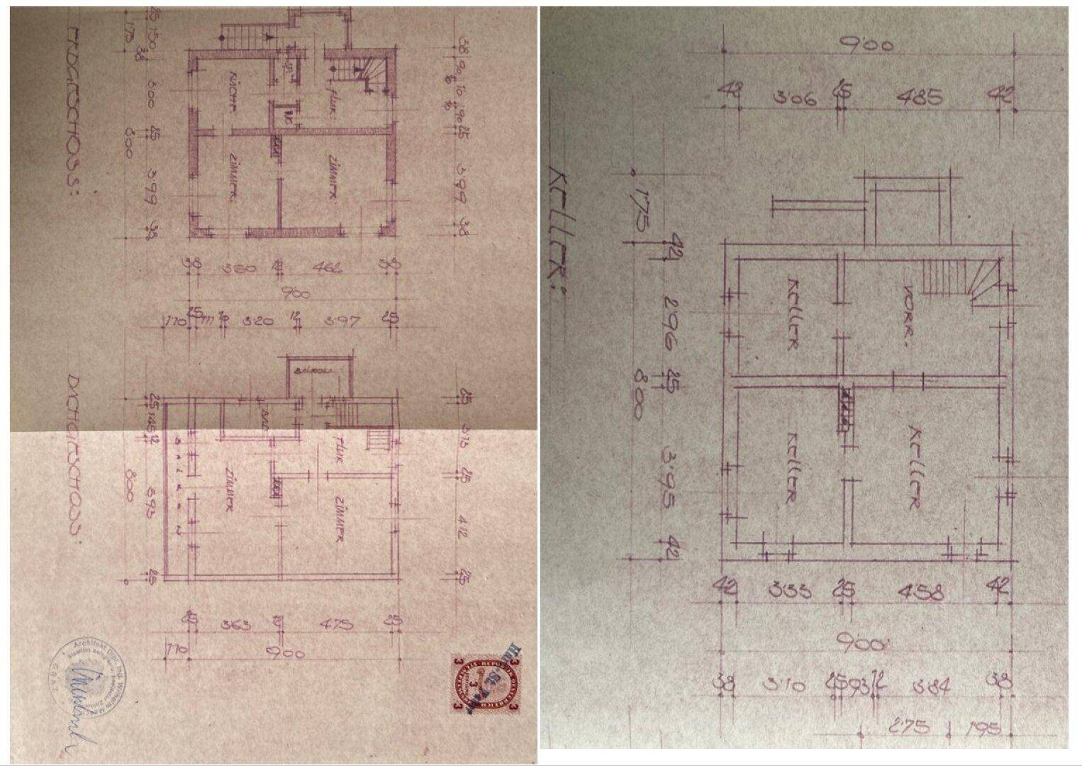 Historische Grundrisse des Gebäudes, die verschiedene Stockwerke und Raumaufteilungen zeigen.