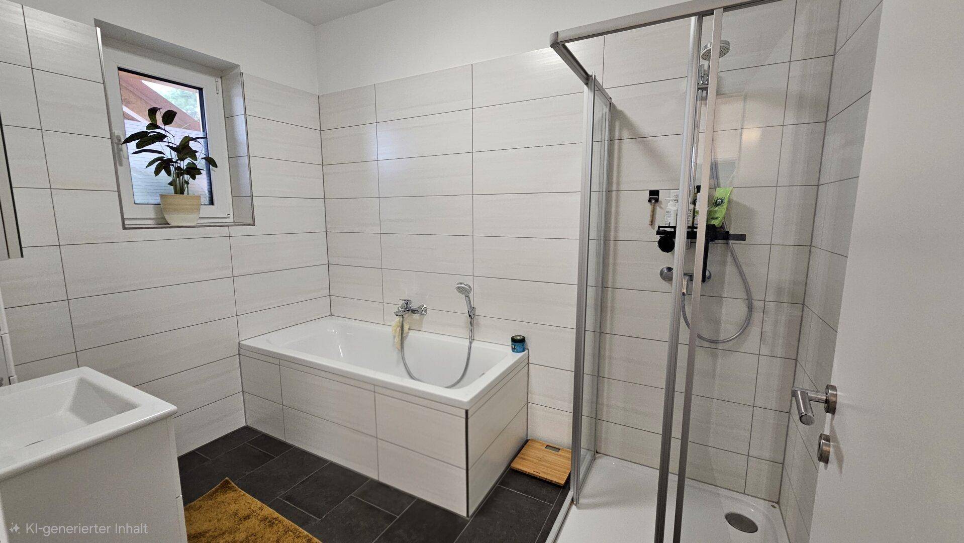 Modernes Badezimmer mit Badewanne, Duschkabine und Fenster für Tageslicht.