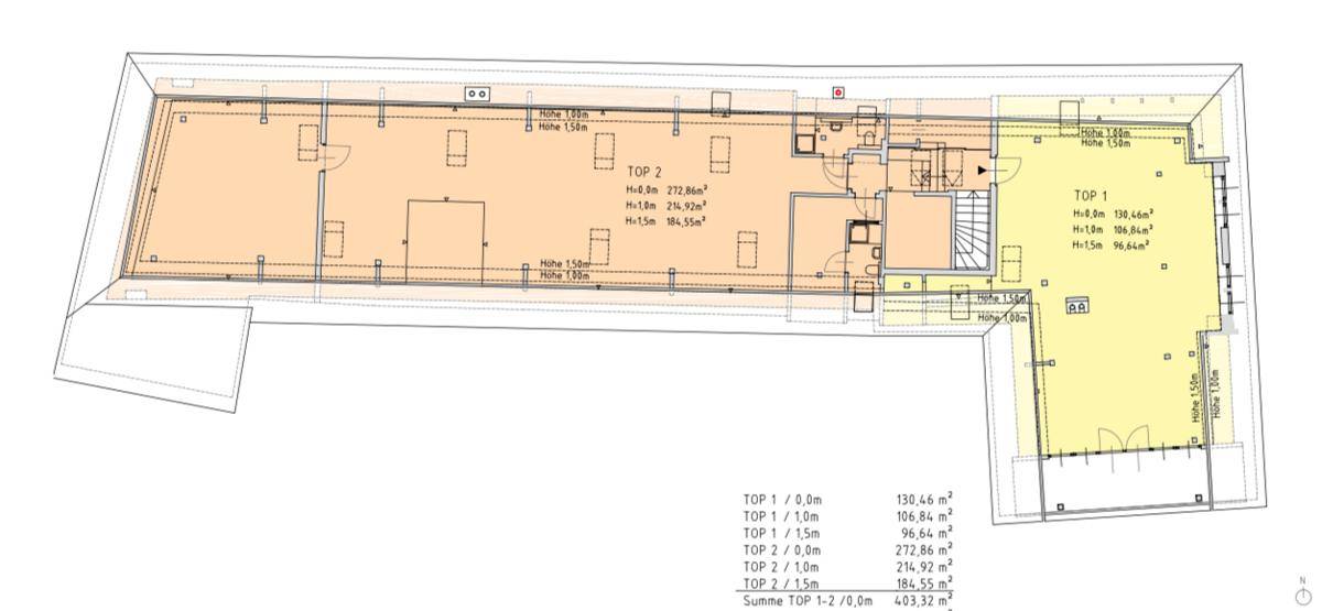 Detaillierter Grundriss des Dachgeschosses mit verschiedenen Bereichen und Flächenangaben.
