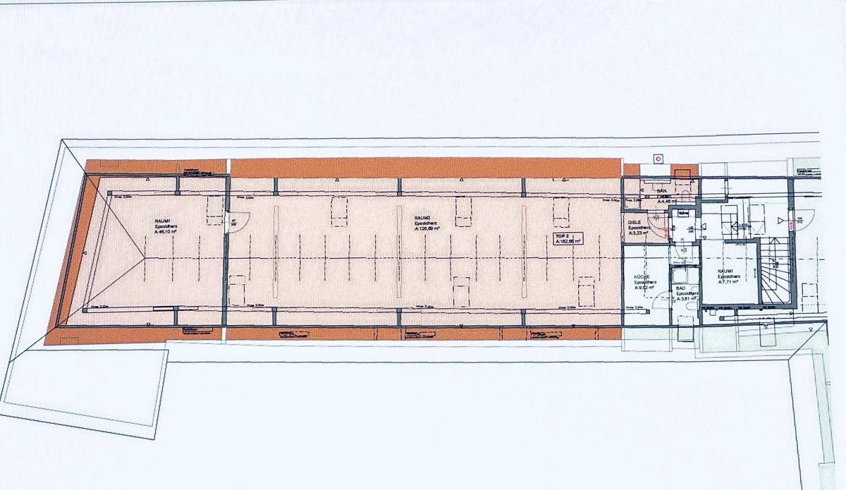 Grundriss mit einem sehr großen offenen Bereich und einem separaten Abschnitt mit Küche und Bad.