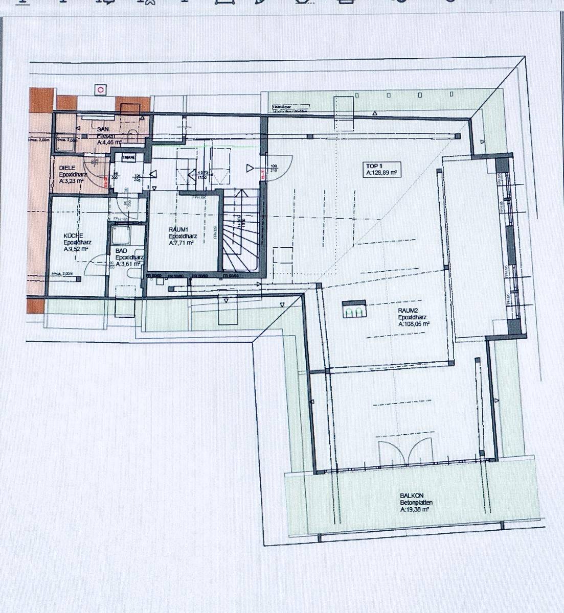 Detaillierter Grundriss einer Wohnung mit Küche, Bad, mehreren Zimmern und einem Balkon.