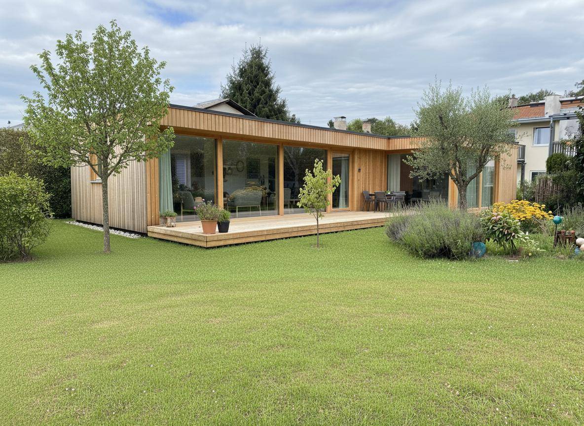 Modernes Holzhaus mit großer Holzterrasse, bodentiefen Fenstern und gepflegtem Rasen im Vordergrund.