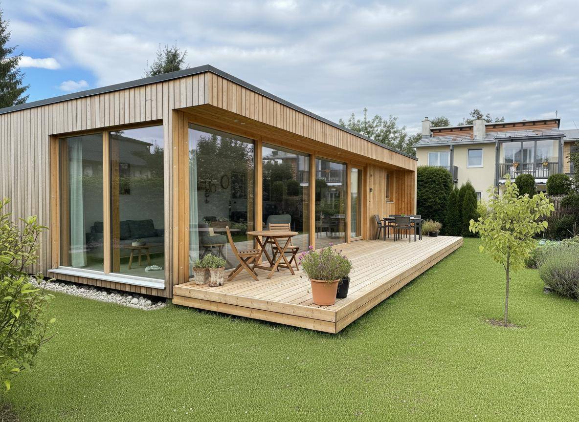 Zeitgenössisches Holzhaus mit weitläufiger Holzterrasse, großen Glasfronten und Sitzgelegenheiten im Freien.
