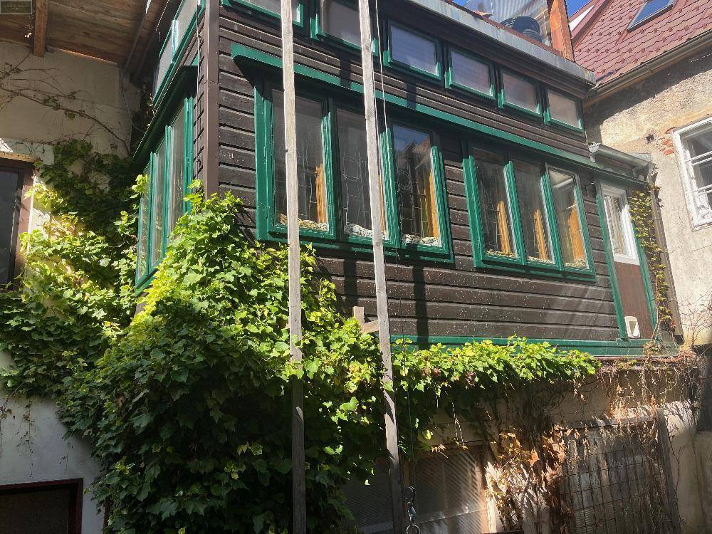 Außenansicht eines Anbaus mit dunkler Holzverkleidung und grünen Fensterrahmen, umgeben von Efeu.