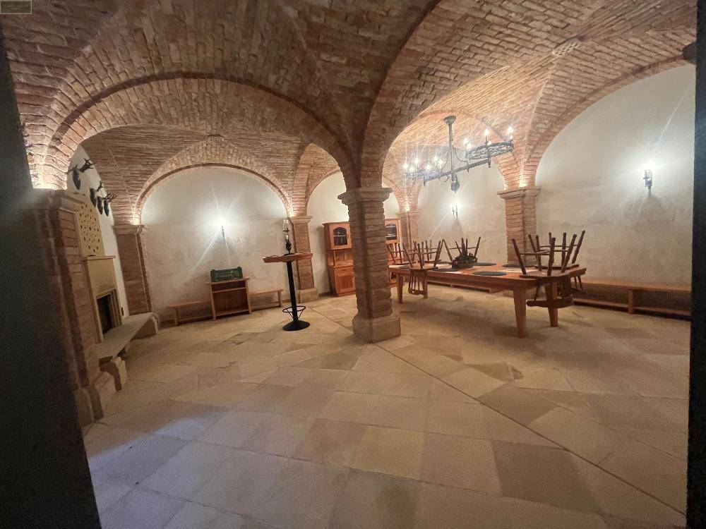 Geräumiger Gewölbekeller mit Ziegelbögen, Steinfliesen und rustikalen Möbeln, ideal für gesellige Runden.