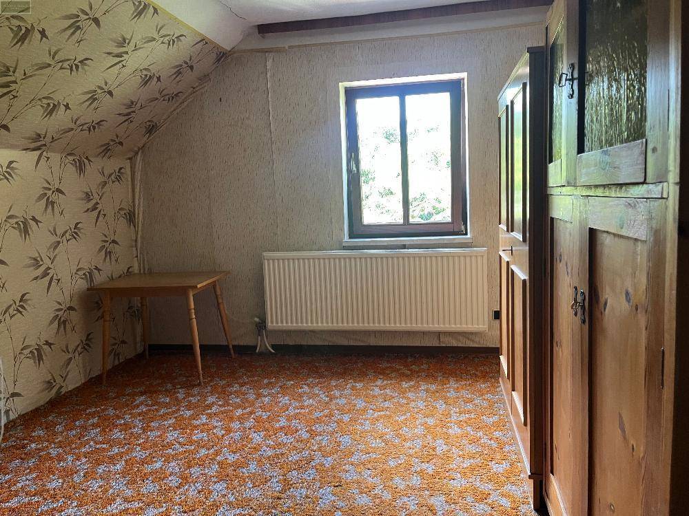 Dachzimmer mit gemustertem Teppichboden, Heizkörper und Fenster mit Blick auf die grüne Landschaft.