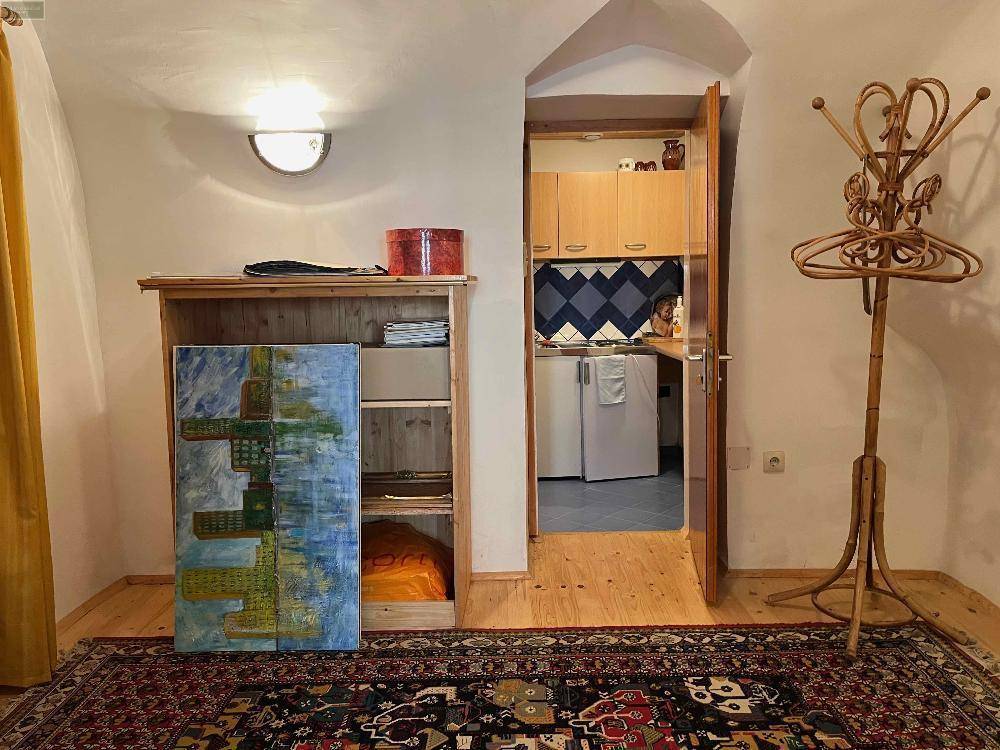 Wohnbereich mit Holzboden und Blick auf eine kleine, funktionale Küchenzeile.
