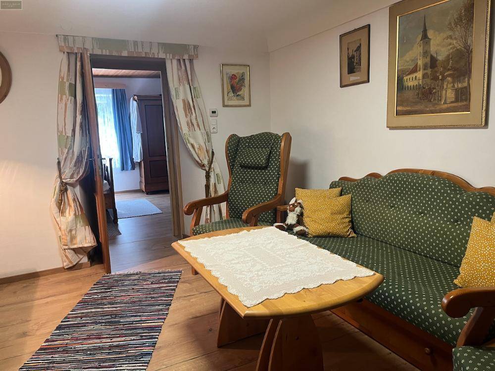Gemütlicher Wohnbereich mit grün gemustertem Sofa, Holztisch und Sessel, ein Durchgang führt in ein weiteres Zimmer.
