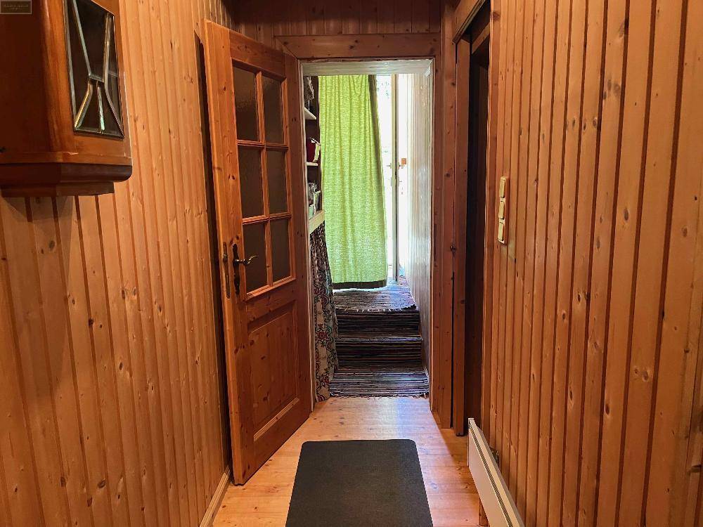 Flur mit holzvertäfelten Wänden und Decke, einer Holztür und einem kleinen Teppichläufer.