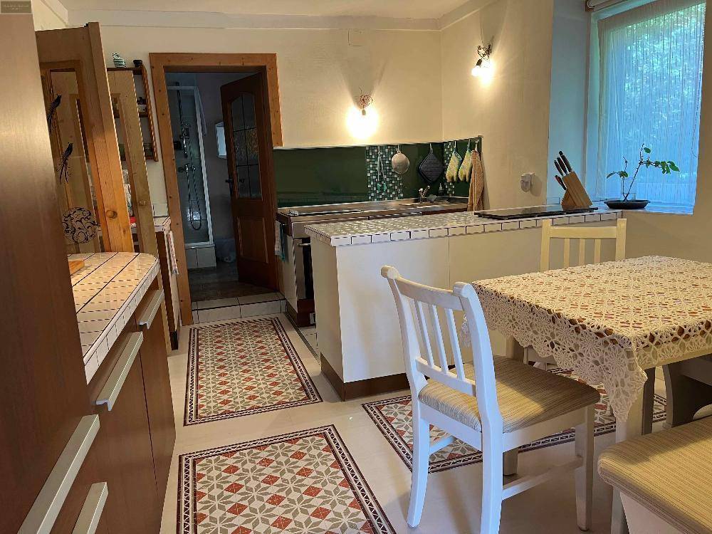 Küche mit Arbeitsplatte, Kochfeld und Essbereich mit Tisch und Stühlen, ein Durchgang führt zum Badezimmer.
