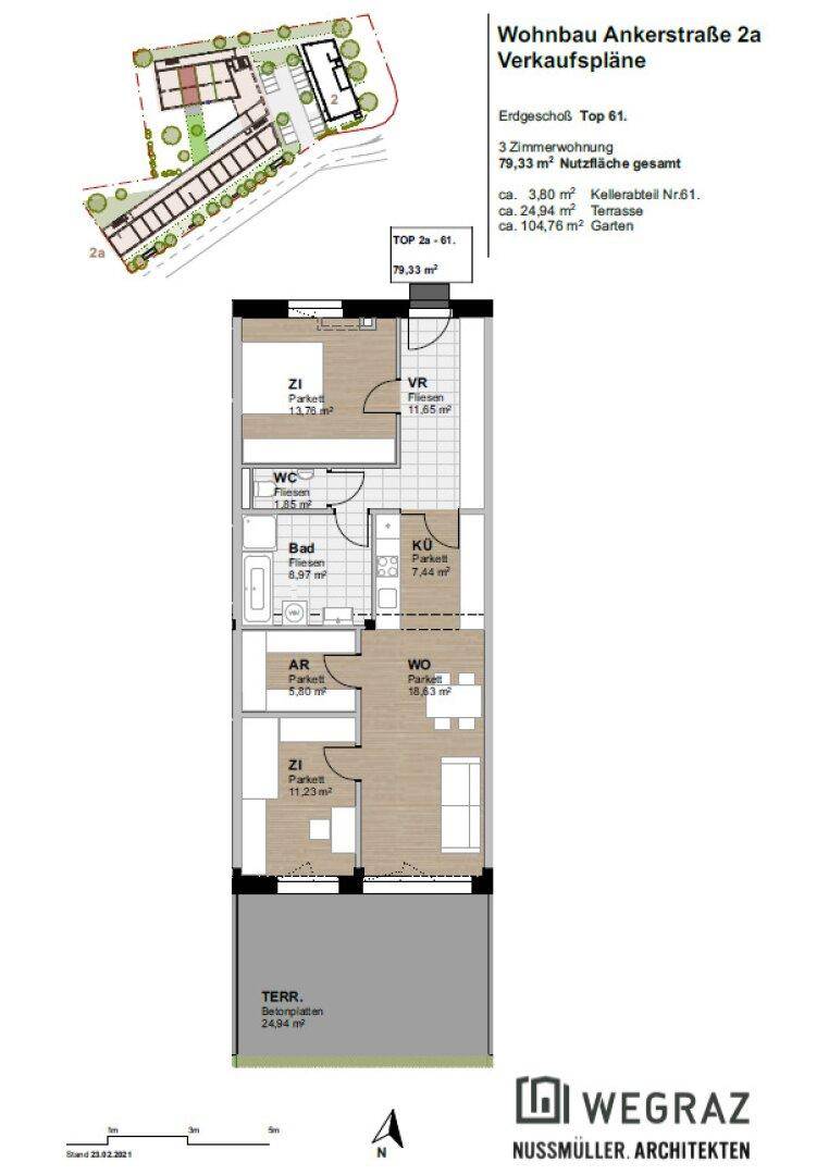 Grundriss einer 3-Zimmer-Wohnung mit offener Wohnküche, Terrasse und Garten im Erdgeschoss.