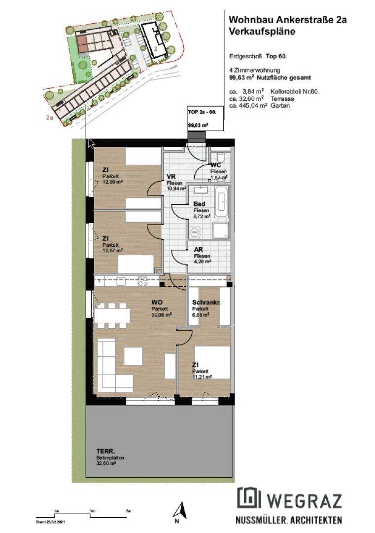 Grundriss einer 4-Zimmer-Wohnung mit offener Wohnküche, Terrasse und Garten im Erdgeschoss.
