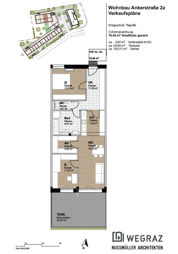 Grundriss einer 3-Zimmer-Wohnung mit offener Wohnküche, Terrasse und Garten im Erdgeschoss.