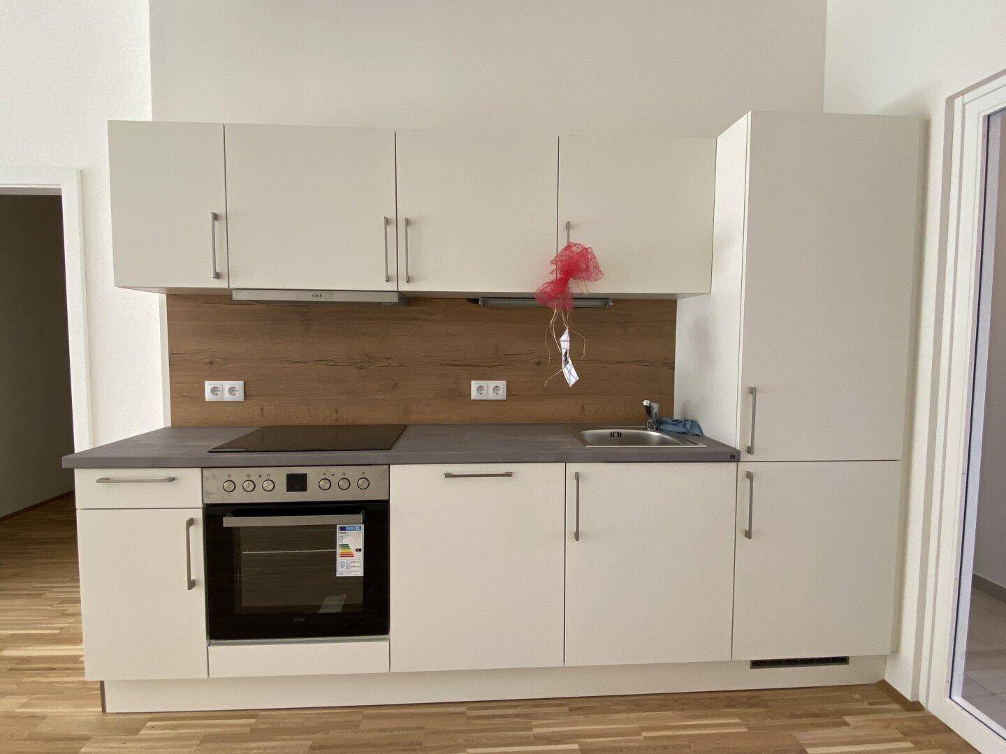 Moderne Küchenzeile in Weiß mit Holzrückwand, Induktionskochfeld und integriertem Backofen.