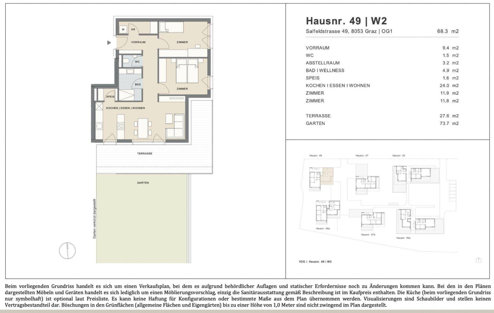 Detaillierter Grundriss einer Wohnung mit Terrasse und Garten sowie Raumaufteilung.