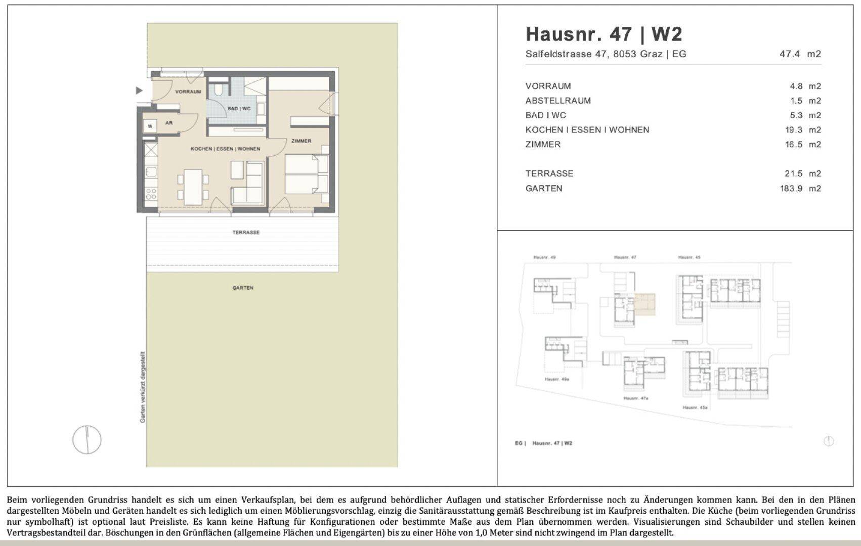 Detaillierter Grundriss der Wohnung W2 mit Terrasse und Gartenanteil, inklusive Raumgrößen.