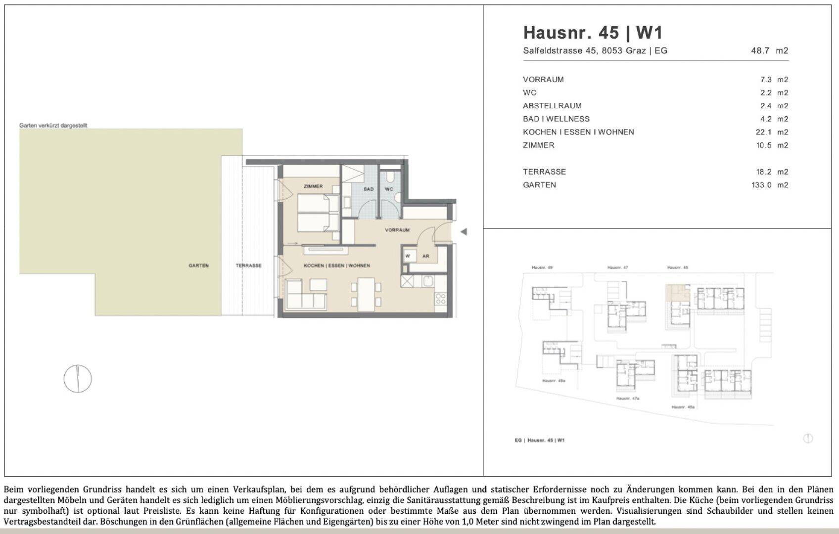 Grundriss der Wohnung W1 mit offenem Wohn-Essbereich, einem Schlafzimmer, Bad, separatem WC, Terrasse und Garten.