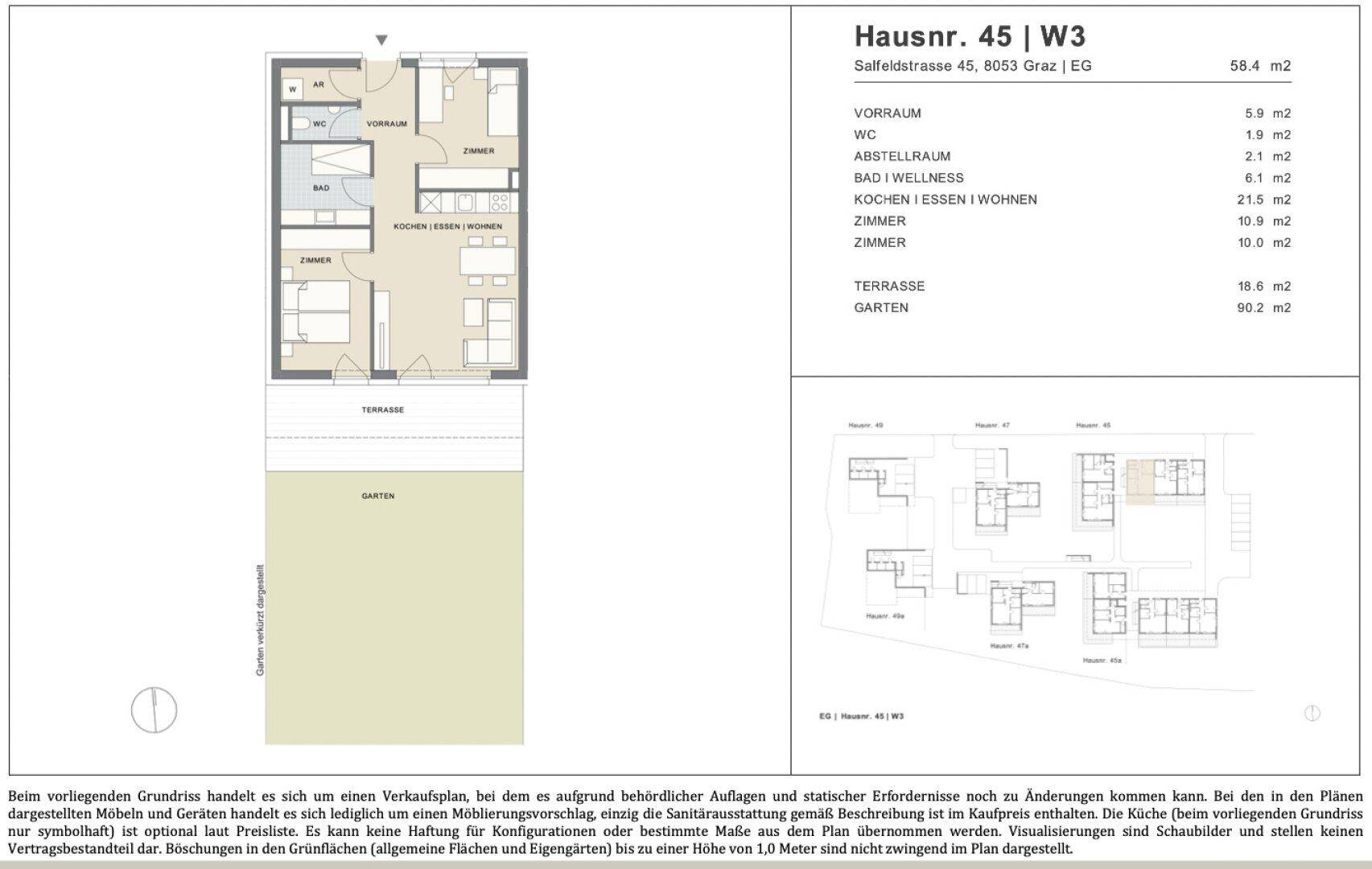 Detaillierter Grundriss einer Wohnung mit offenem Wohnbereich, zwei Schlafzimmern, Bad, separatem WC, Terrasse und Garten.