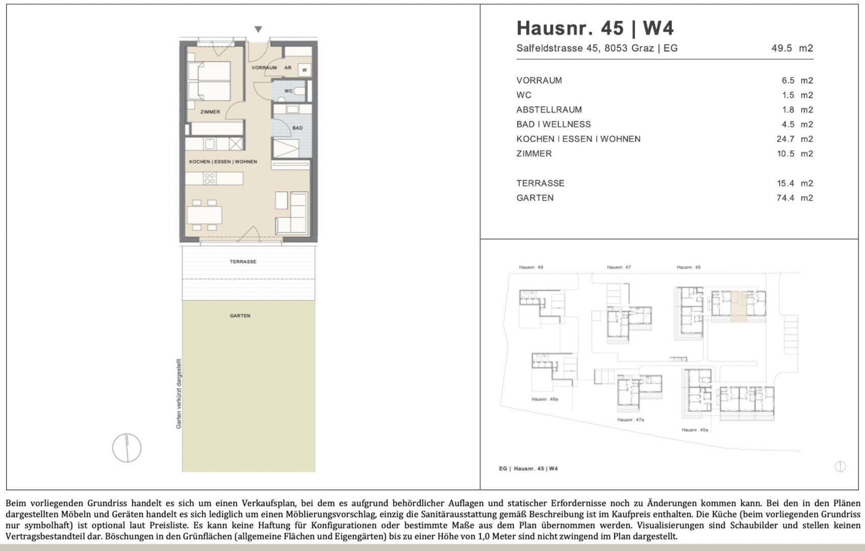 Detaillierter Grundriss einer Wohnung mit Terrasse und Garten, inklusive Raumaufteilung und Flächenangaben.
