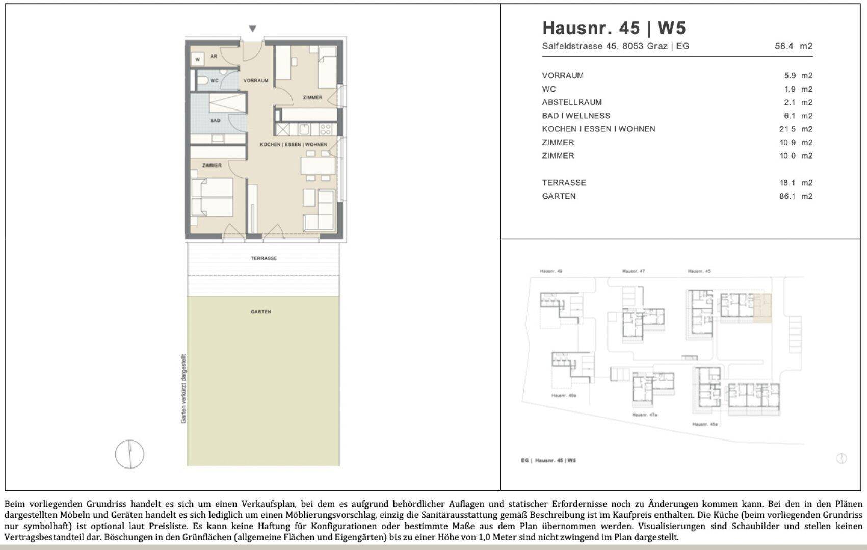 Detaillierter Grundriss einer Erdgeschosswohnung mit Terrasse und Garten von 86,1 m².