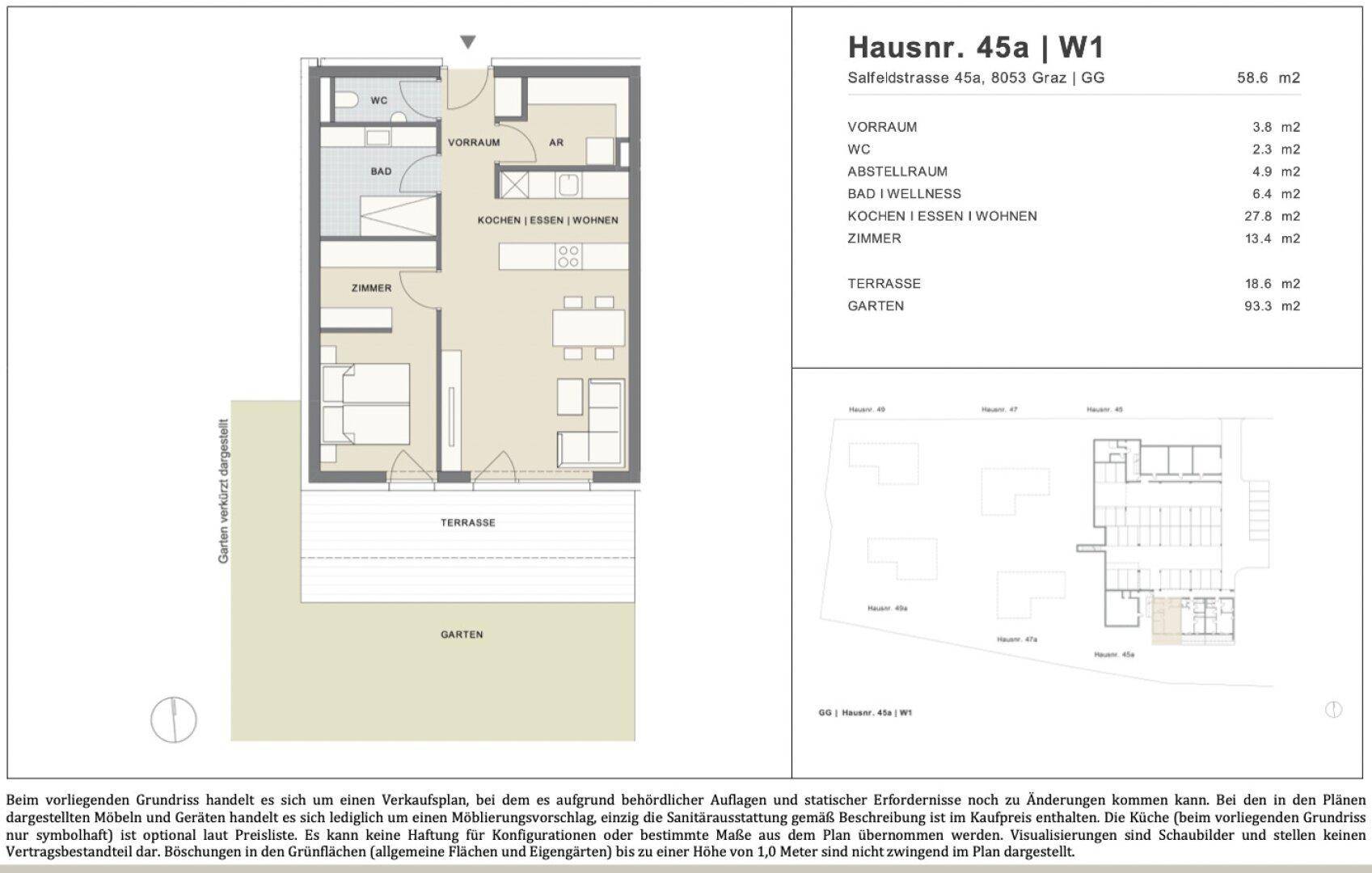 Grundriss einer Wohnung mit offenem Wohn-Essbereich, einem Schlafzimmer, Bad, separatem WC, Terrasse und Garten.