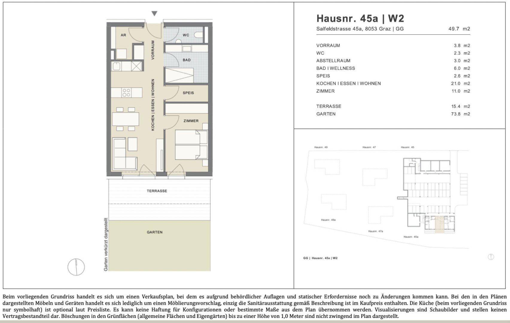 Grundriss einer Wohnung mit offenem Wohnbereich, Schlafzimmer, Bad, separatem WC, Abstellraum, Terrasse und Garten.