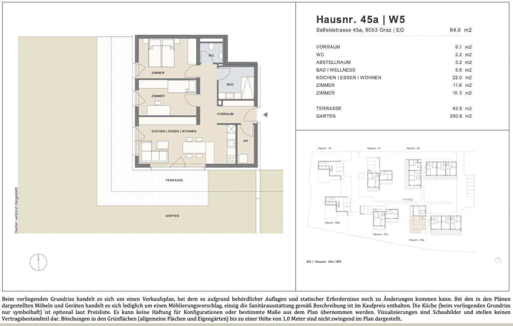 Detaillierter Grundriss einer Wohnung mit Terrasse und großem Gartenbereich.