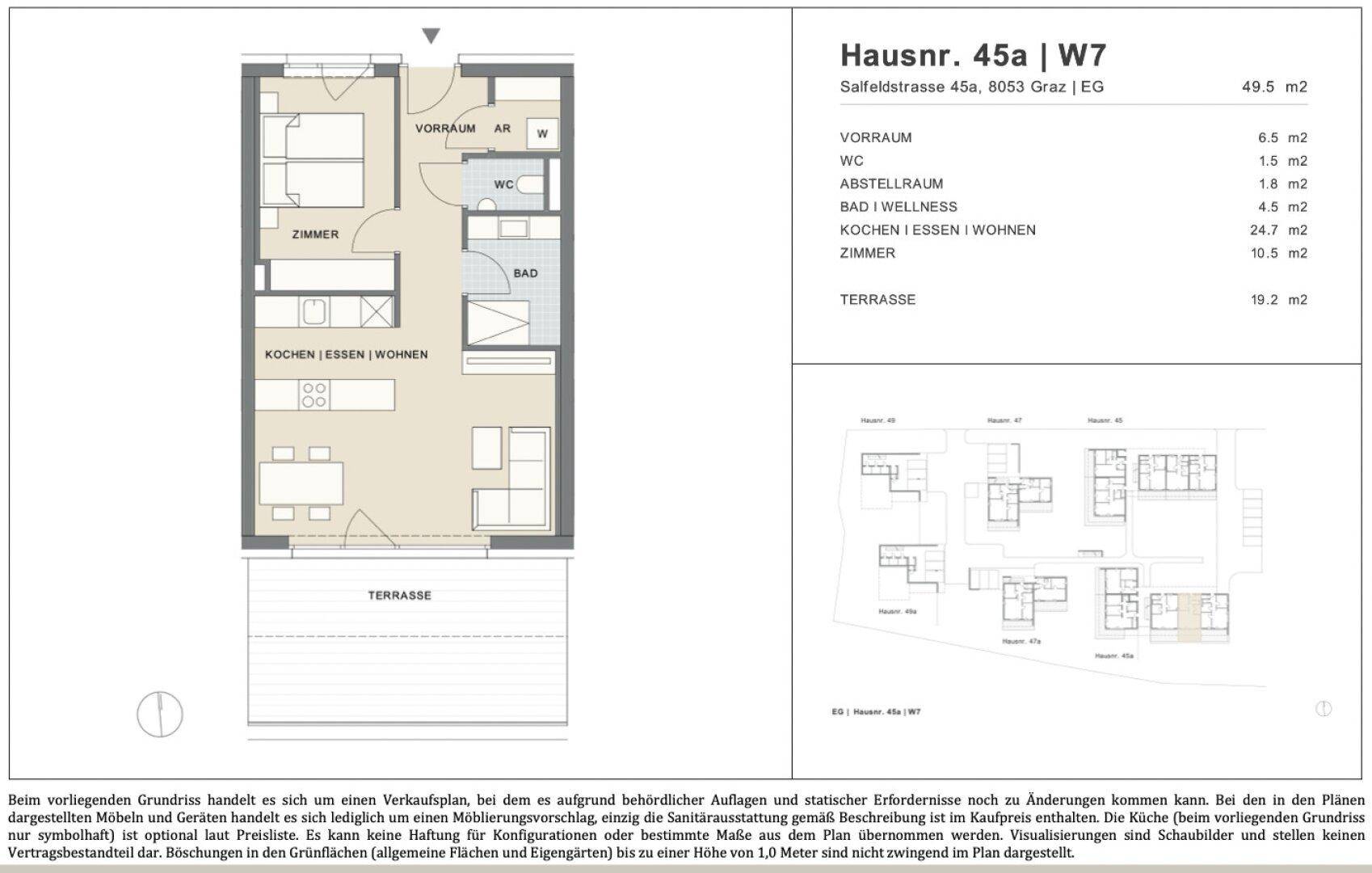 Grundriss einer Wohnung mit offenem Wohnbereich, einem Schlafzimmer, Bad, separatem WC und großer Terrasse.
