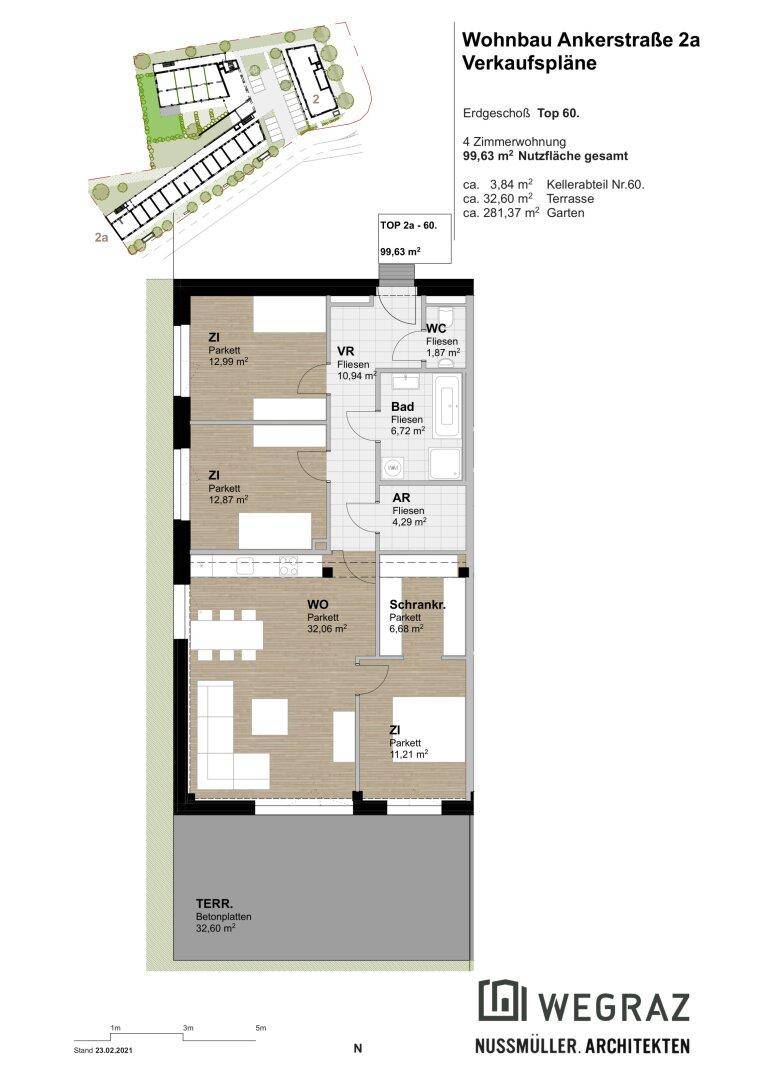 Grundriss einer 4-Zimmer-Erdgeschosswohnung mit offener Raumaufteilung, Terrasse und Gartenanteil.