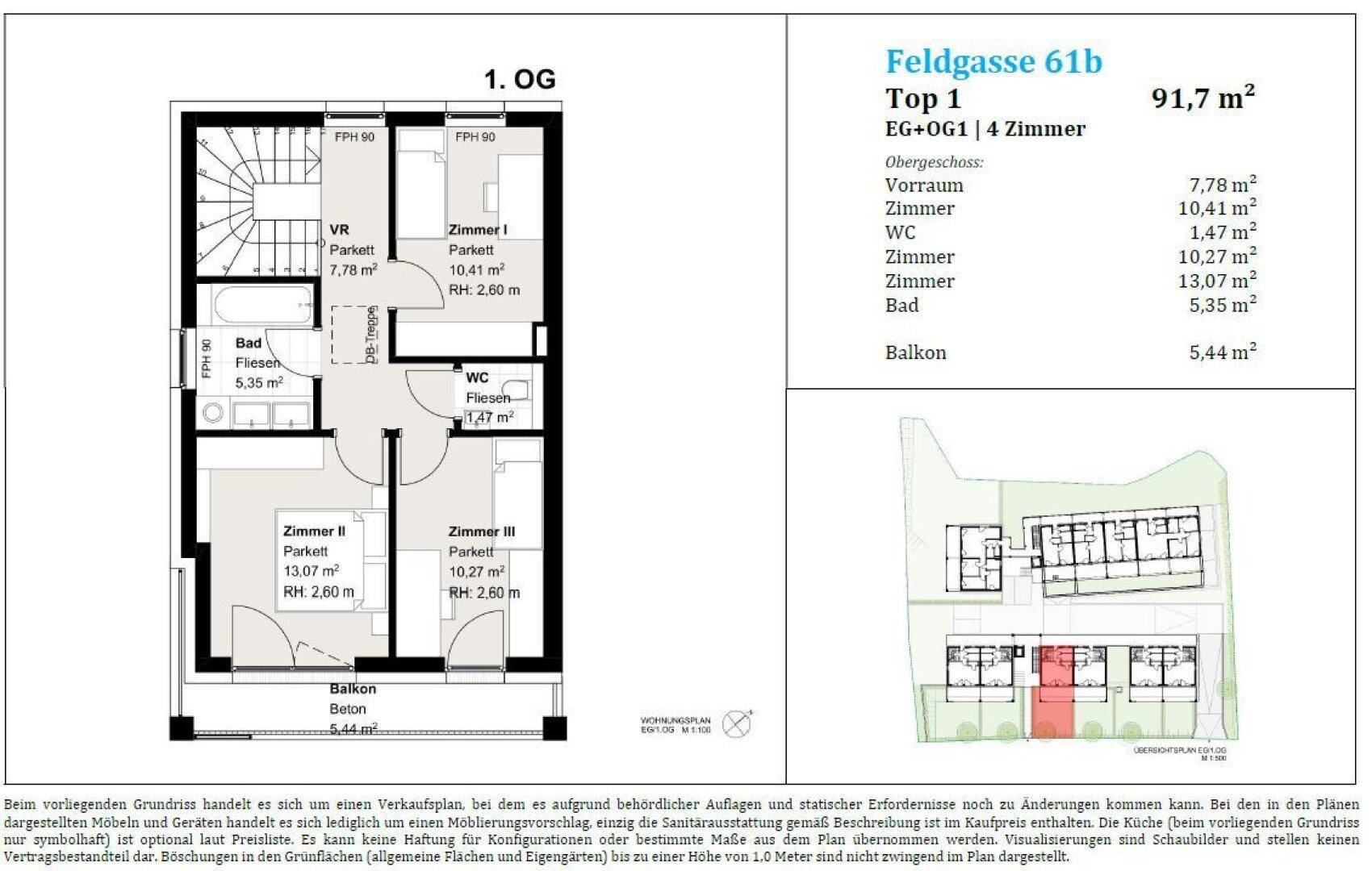 Grundriss des Obergeschosses von Top 1 mit drei Schlafzimmern, Bad, WC und einem Balkon.