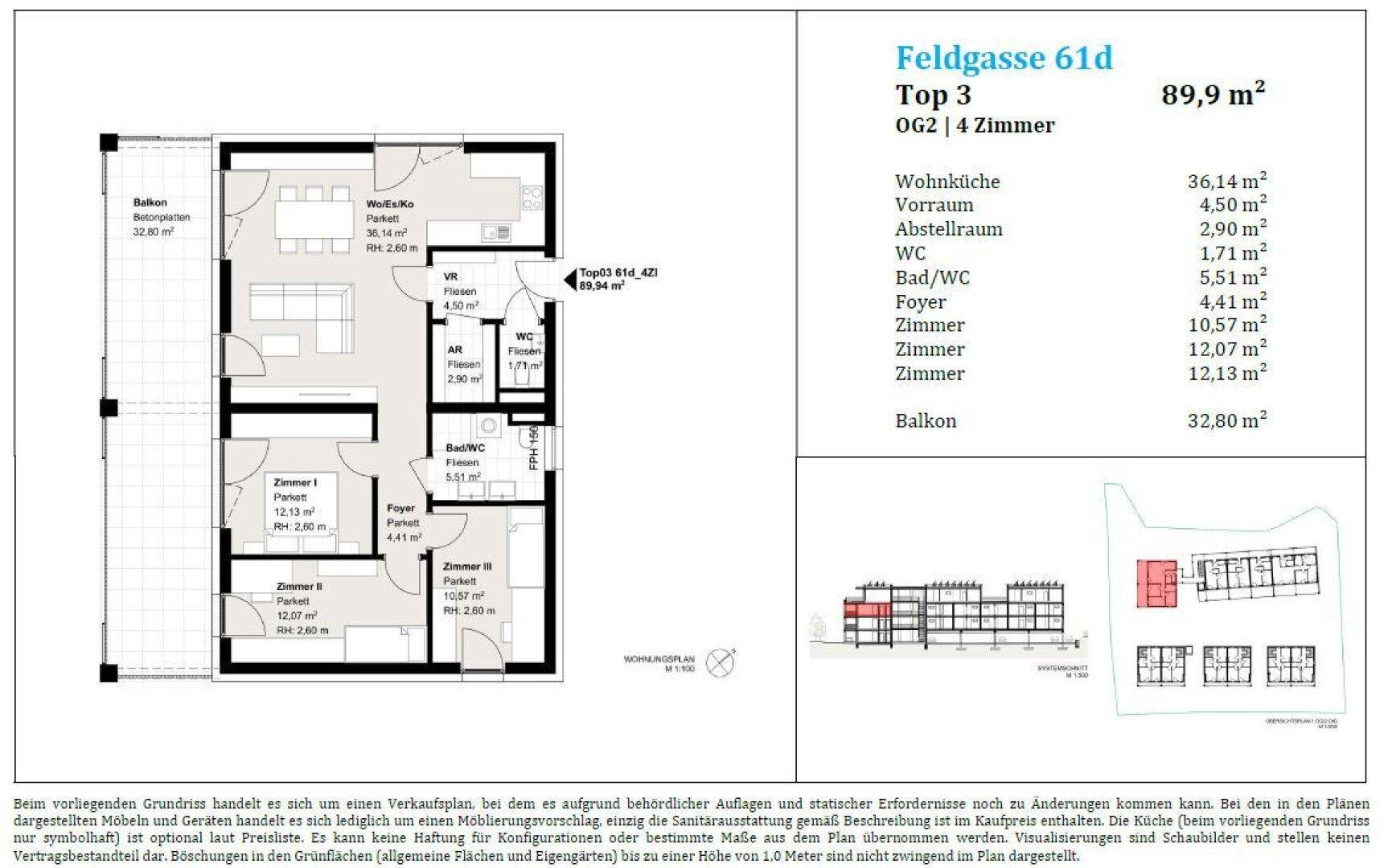 Detaillierter Grundriss einer Wohnung mit offenem Wohnbereich, drei Zimmern und großem Balkon.