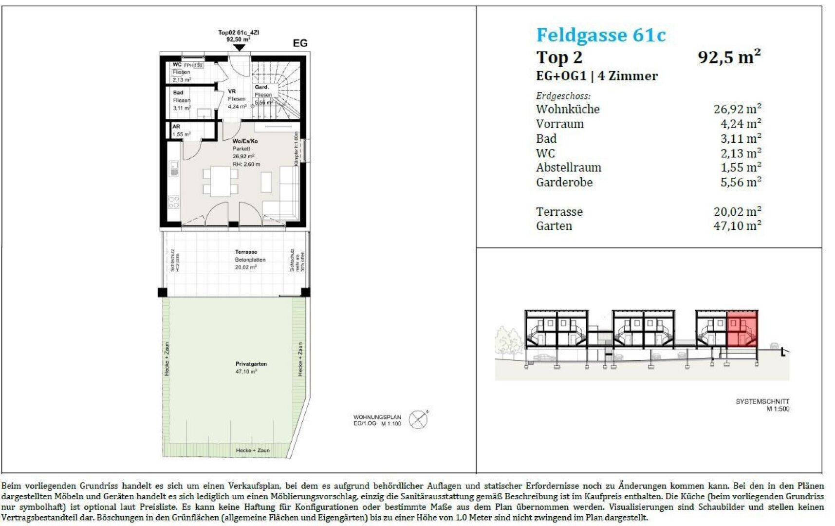 Grundriss des Erdgeschosses mit offener Wohnküche, Terrasse und privatem Gartenbereich.