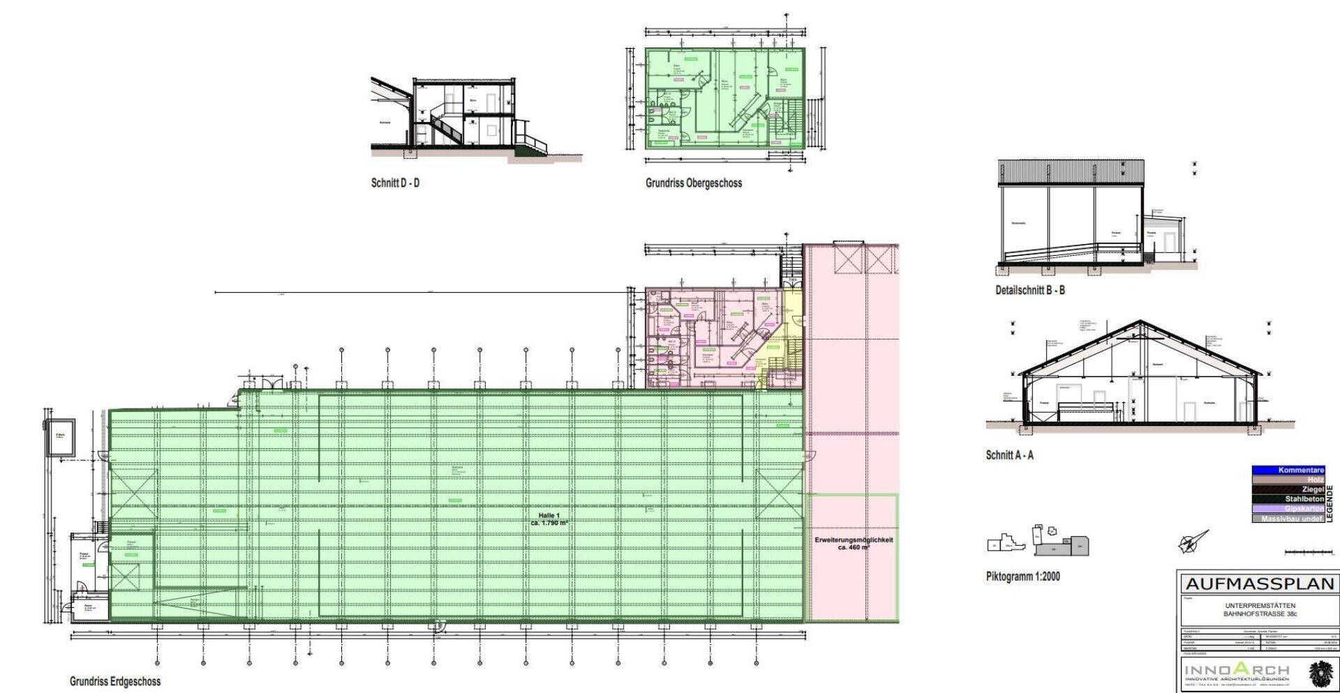 Architektonischer Aufmassplan mit Grundrissen und verschiedenen Schnitten des Gebäudes.