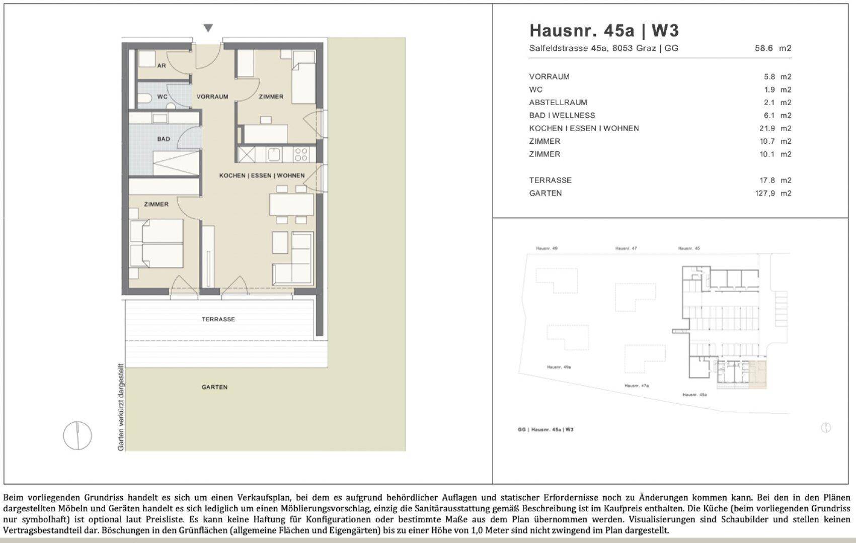 Detaillierter Grundriss einer 58,6 m² Wohnung mit Terrasse und Garten.