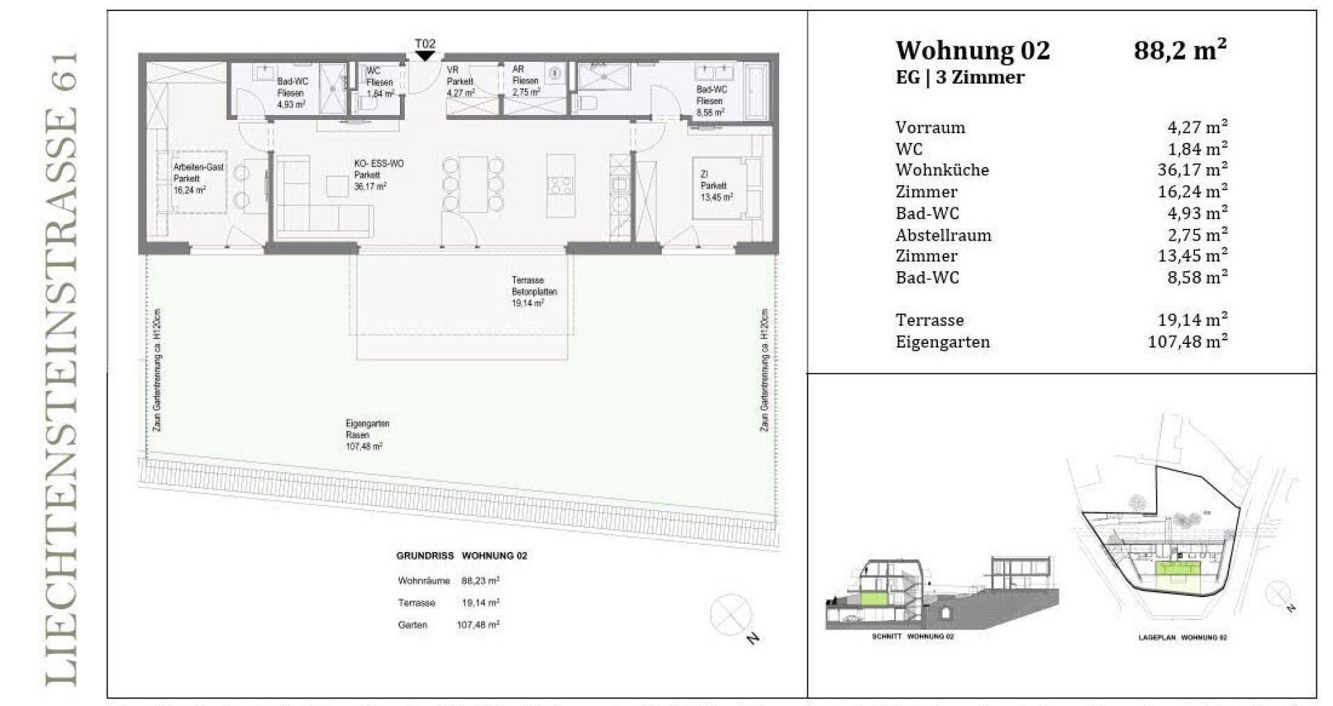 Detaillierter Grundriss der Wohnung 02 im Erdgeschoss mit drei Zimmern und Garten.