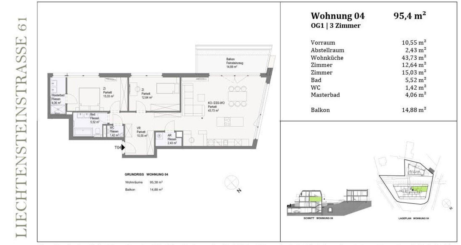 Detaillierter Grundriss der Wohnung 04 mit drei Zimmern, Balkon und Flächenangaben.