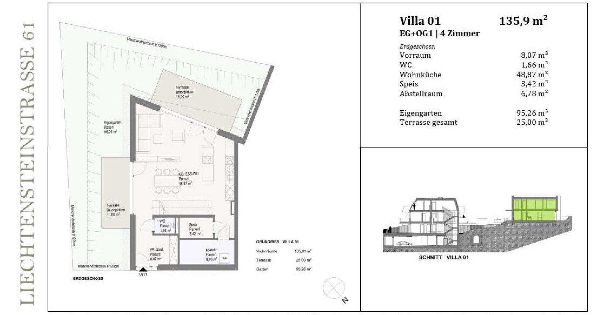 Grundriss des Erdgeschosses mit Wohnküche, Terrasse und Garten.
