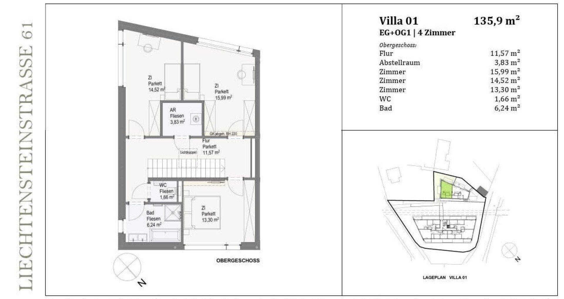 Grundriss des Obergeschosses mit Schlafzimmern und Badezimmer.