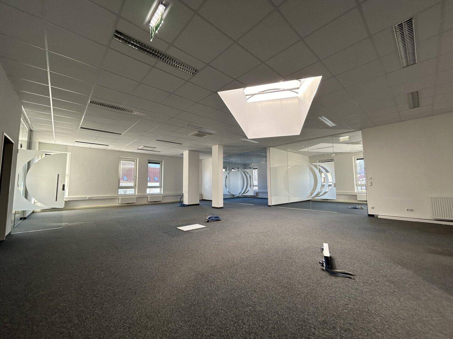 Geräumiges, offenes Büro mit Teppichboden, Glaswänden und einem großen Oberlicht, das den Raum mit Tageslicht füllt.