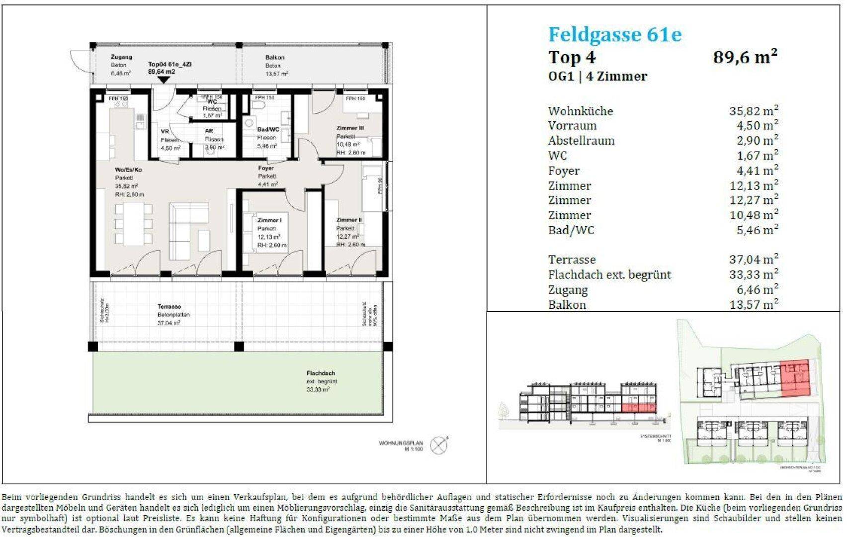 Detaillierter Grundriss einer modernen 4-Zimmer-Wohnung mit großzügiger Wohnküche, drei Schlafzimmern, Bad, separatem WC, großer Terrasse und Balkon.