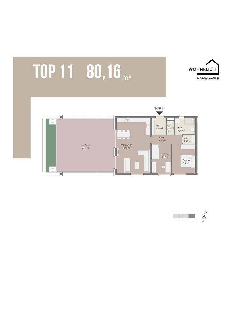 Grundriss einer Wohnung mit offener Wohnküche, zwei Zimmern, Bad, separatem WC und großer Terrasse.