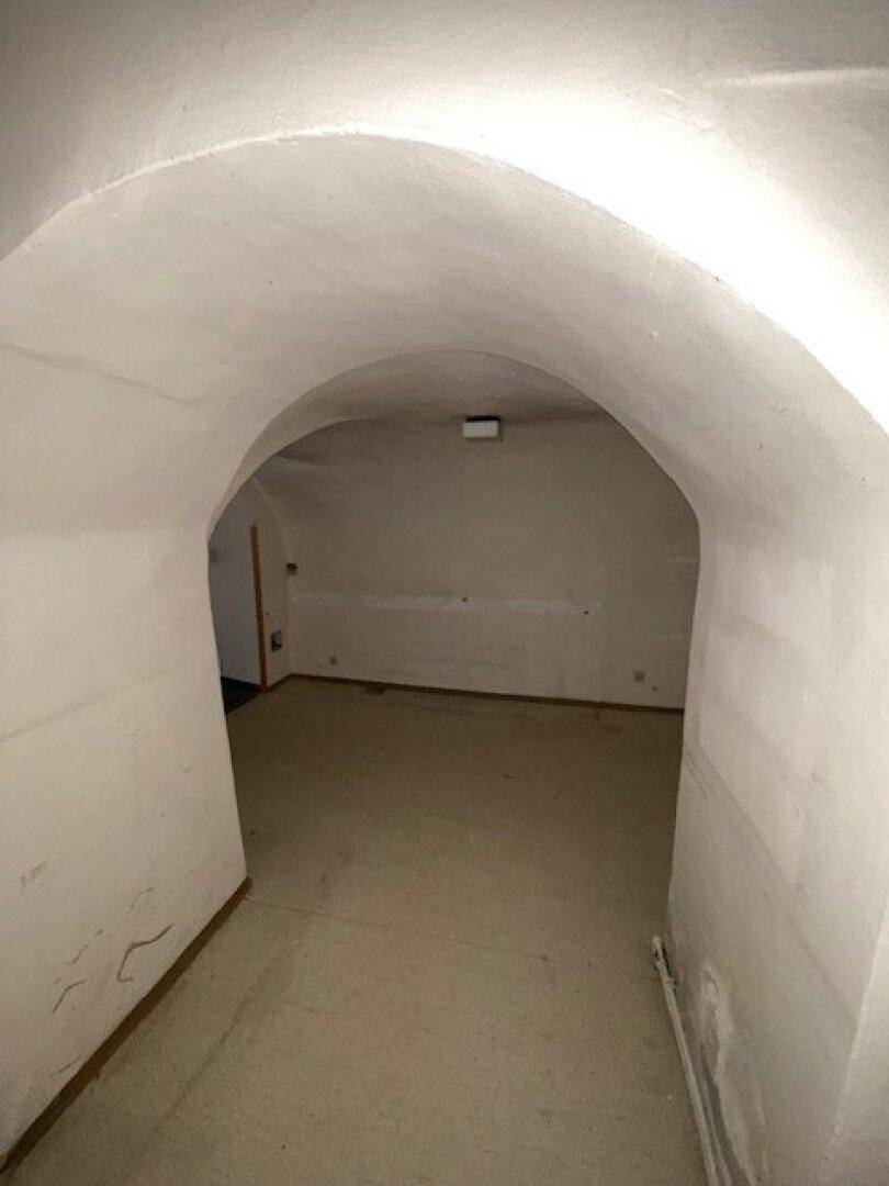 Gewölbter Kellerraum mit einfacher Beleuchtung und unfertigem Boden, bereit zur Nutzung.