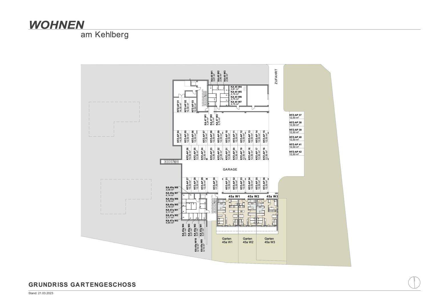 Grundriss des Gartengeschosses mit Wohnungen, Gärten und einer großen Tiefgarage.