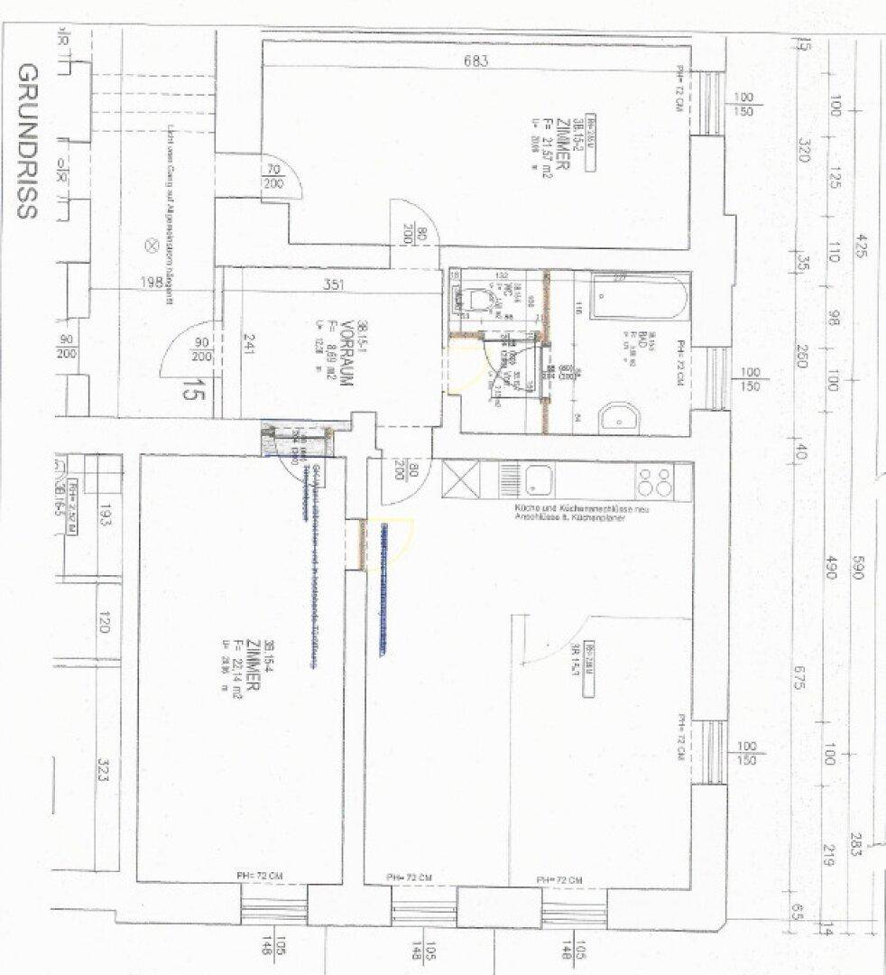 Grundrissplan einer Wohnung mit zwei Zimmern, Vorraum, Bad und Küche, inklusive Maßen.