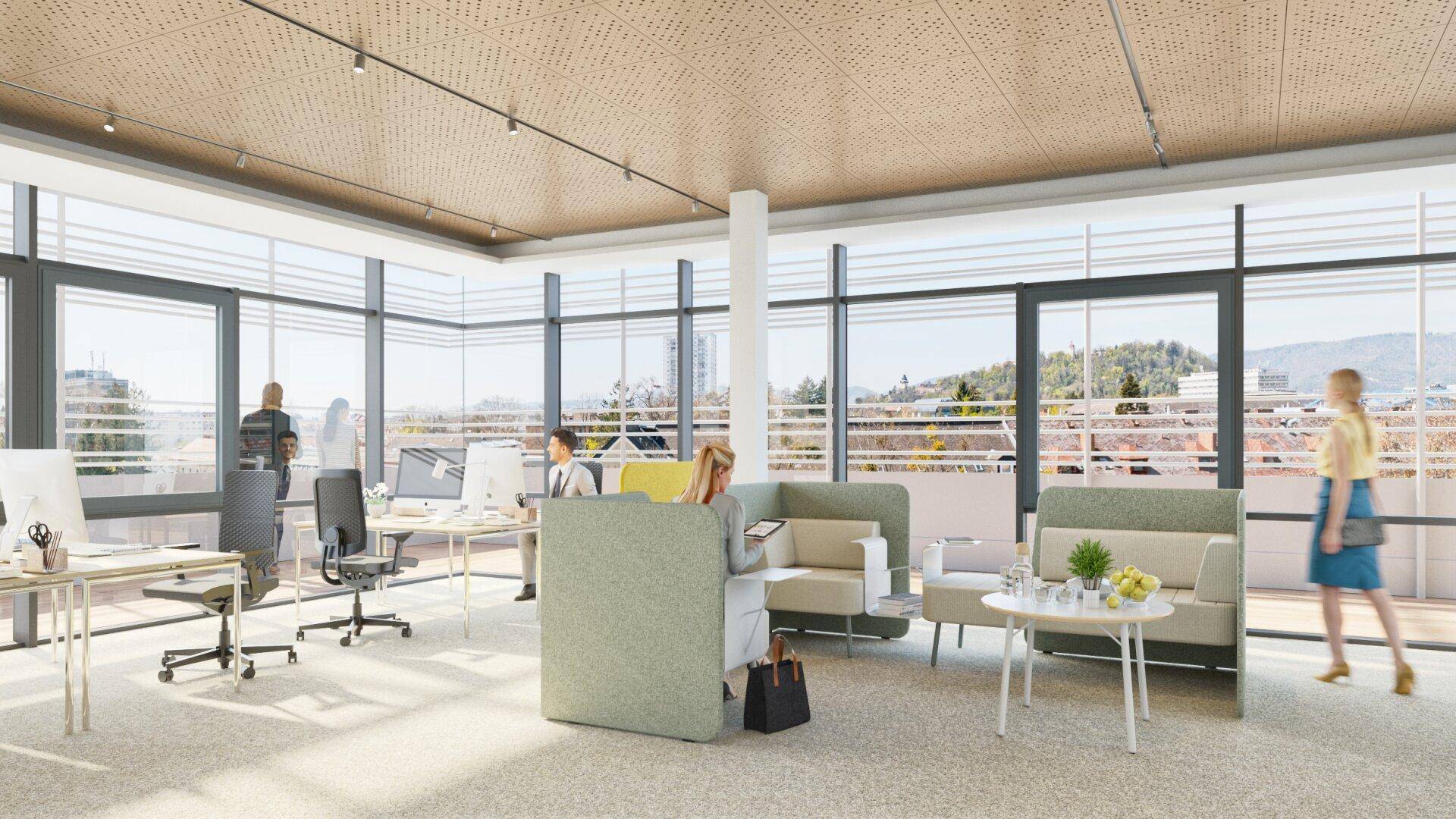Offener Bürobereich mit modernen Arbeitsplätzen, bequemen Sitzgelegenheiten und weitem Ausblick.