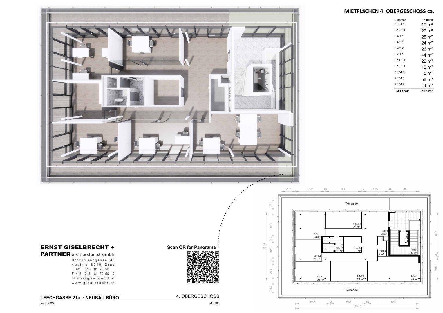 Grundriss des 4. Obergeschosses mit verschiedenen Mietflächen und Terrassenbereichen.