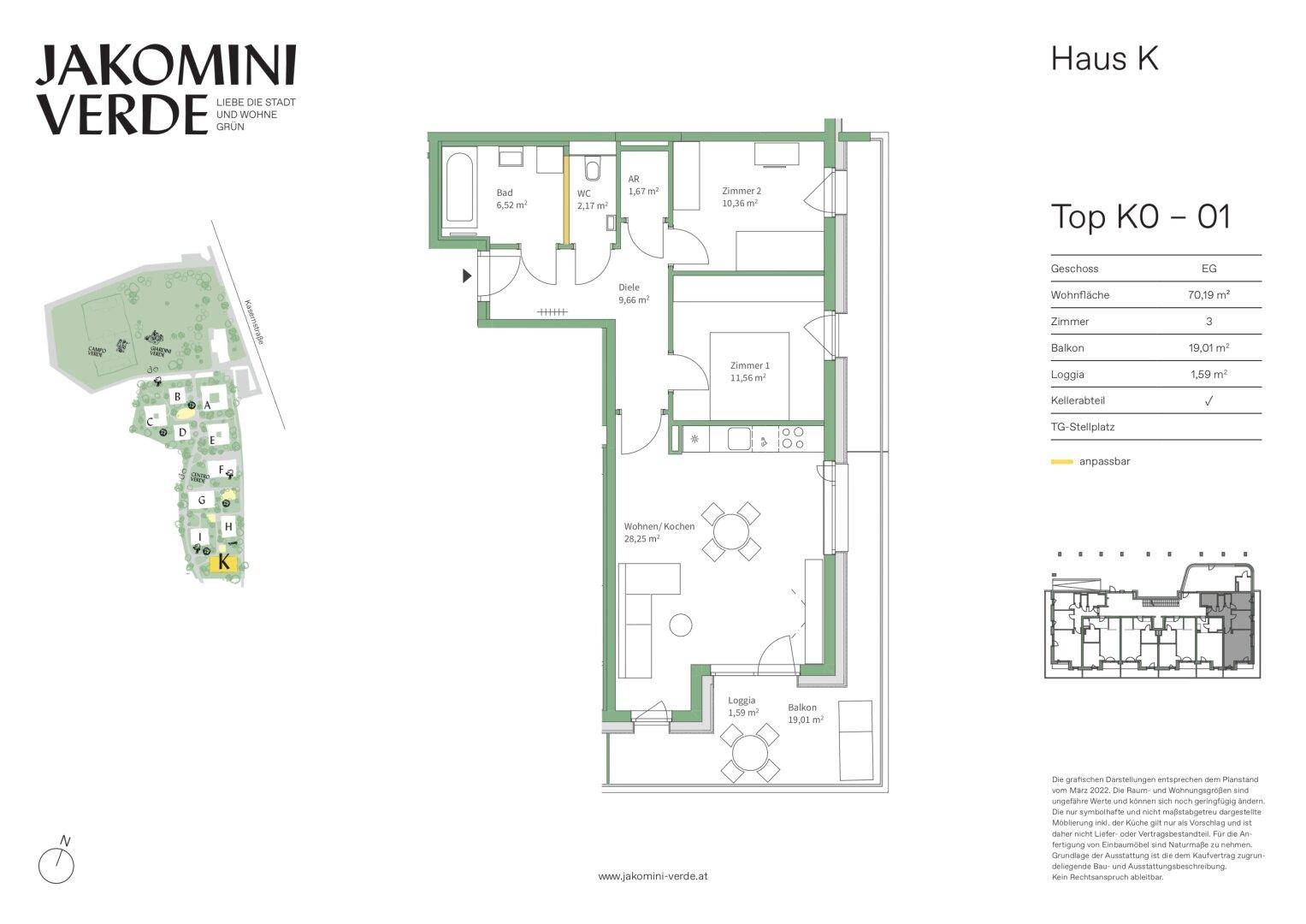 Grundriss des Hauses K, Top KO-01, zeigt einen offenen Wohn-/Kochbereich, zwei Schlafzimmer, Bad, separates WC, Balkon und Loggia.