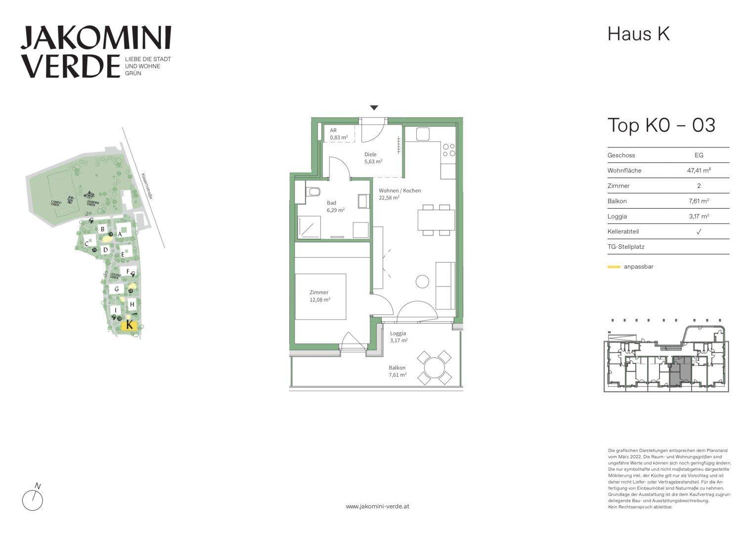 Detaillierter Grundriss einer Wohnung mit zwei Zimmern, Balkon und Loggia.