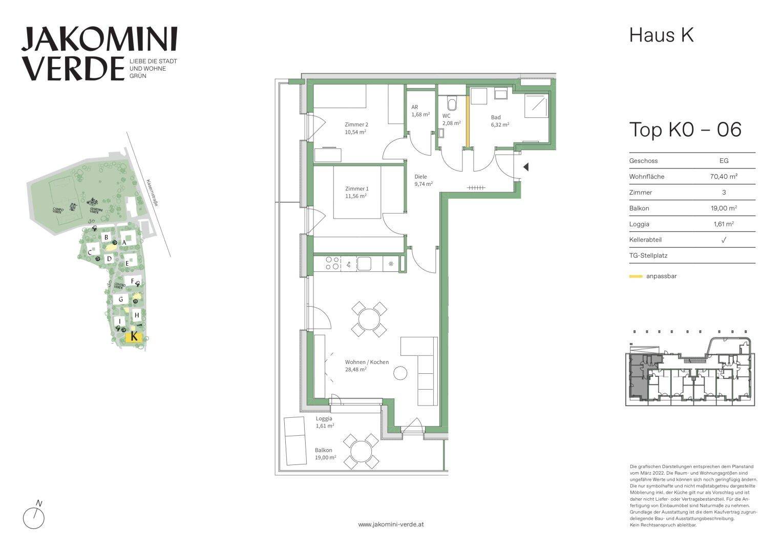 Grundriss der Wohnung Top K0-06 mit drei Zimmern, Loggia und Balkon.